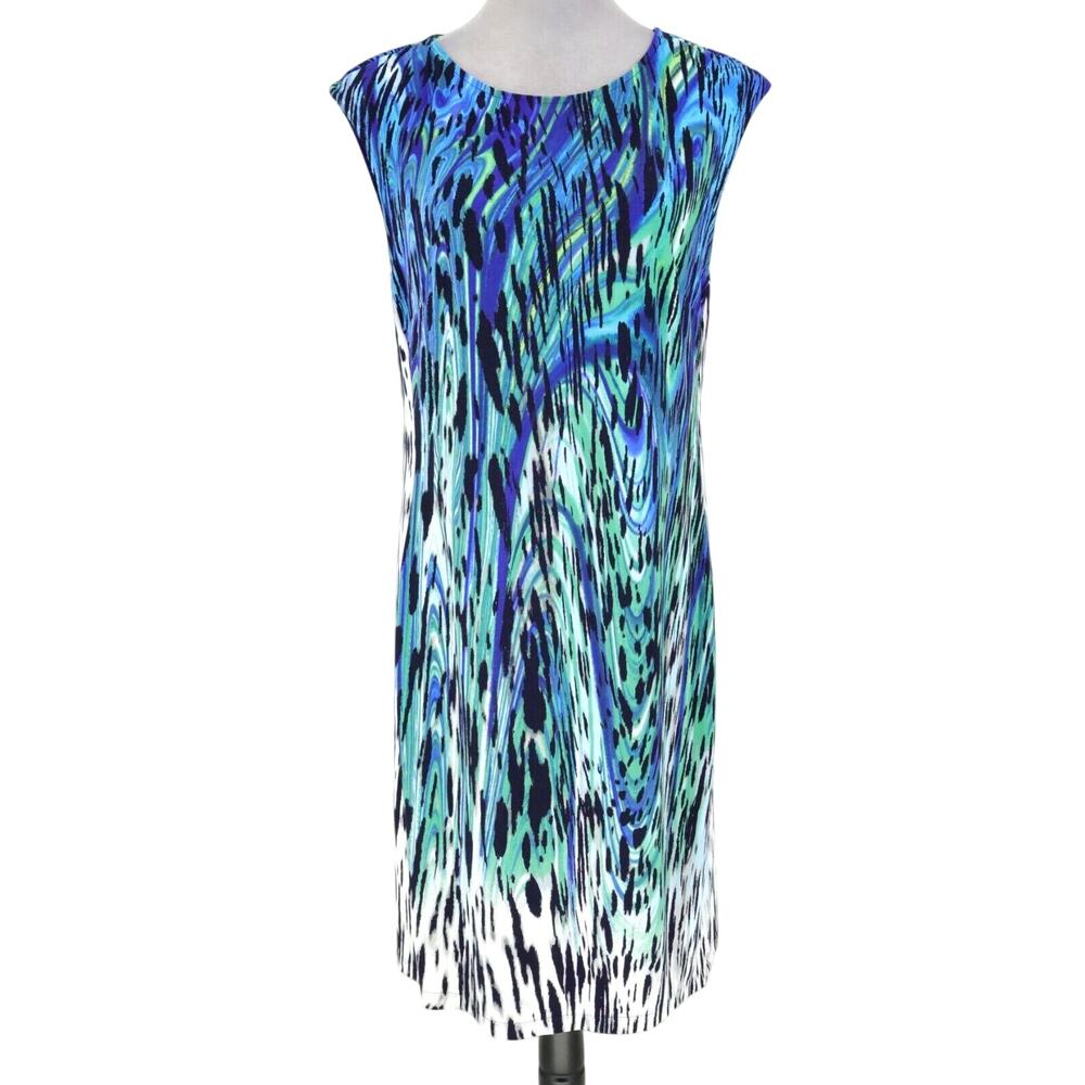 Chicos Dress 1 Womens Medium Blue White Print Stretch Knit Lightweight Pullover